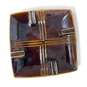 Vintage Rustic Brown Ceramic Ashtray with Geometric Design
